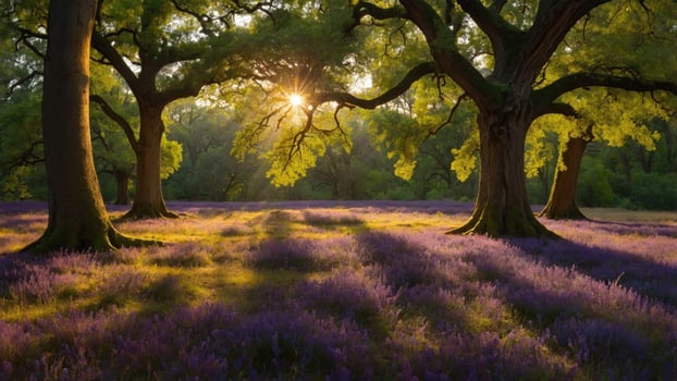 Serene landscape featuring vibrant purple flowers under majestic trees with sunlight filtering through photo