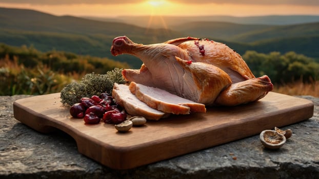 Roasted chicken on a wooden cutting board surrounded by herbs and fruits, set against a scenic sunset backdrop photo