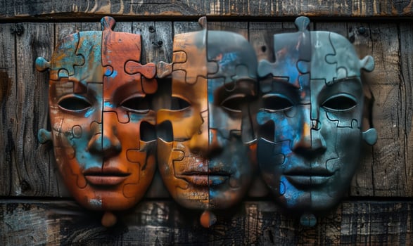 Fragmented identities puzzle piece face masks on wood photo