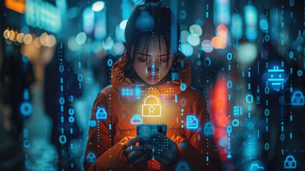Digital security on mobile device with abstract binary code overlay photo