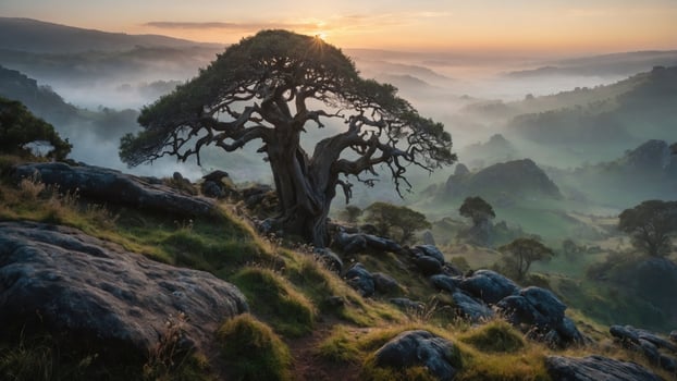 Majestic sunrise over misty hills with a lone tree in the foreground, capturing serene nature beauty photo
