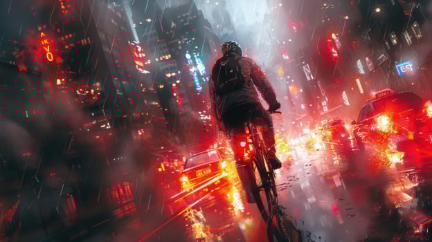 Cyclist rides through rain in city street at night photo
