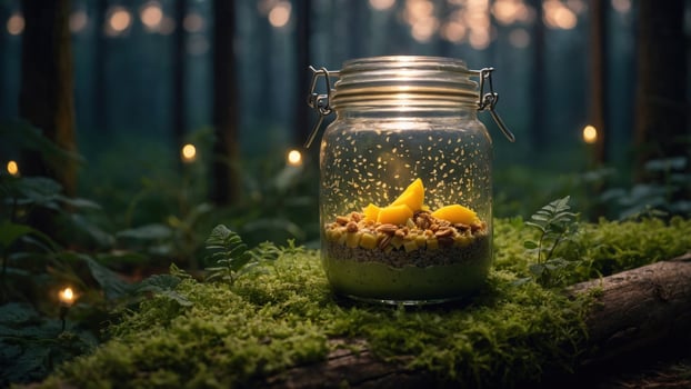 A beautifully arranged jar of layered dessert with fruits on a mossy log in a serene forest setting photo
