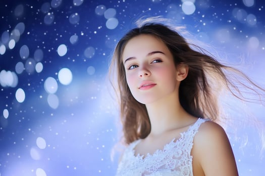 Girl winter portrait, snowy background, hair blowing photo