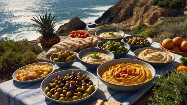 Vibrant outdoor table setting with various hummus dishes and fresh ingredients by the ocean photo