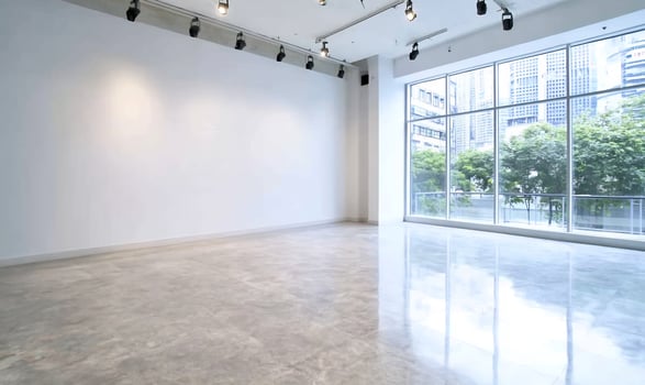 Empty gallery space, city view photo