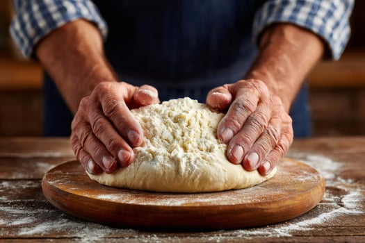 Baker kneading dough on wooden board in rustic kitchen... photo