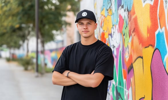 Young man, urban portrait, colorful wall, street background, profile photo