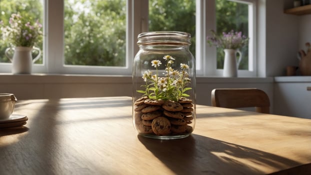 Jar of cookies with flowers on a wooden table in a sunlit kitchen, creating a cozy atmosphere photo