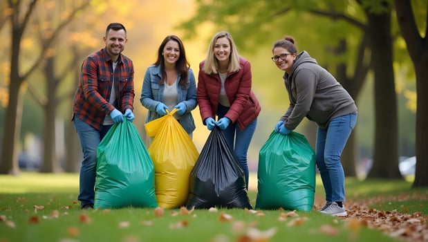 Volunteers business with garbage bag cleaning park area together for charity work to Social and environment sustainable development goal in world environment day global and ESG con Act 4 photo