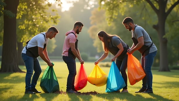 Volunteers business garbage bag cleaning park area together charity work Social environment sustainable development goal world environment day global ESG concept concept as Volunte Act 2 photo