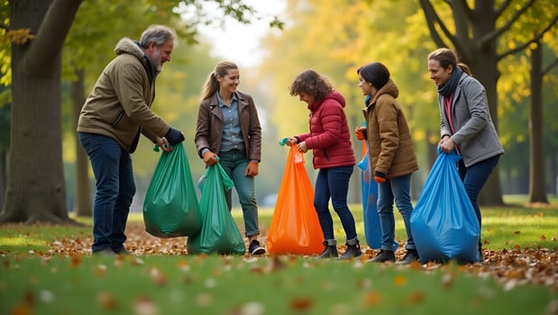 Volunteers business with garbage bag cleaning park area together for charity work to Social and environment sustainable development goal in world environment day global and ESG con Act 6 photo