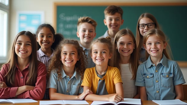 Flat Happy diverse junior school students children group looking at camera standing in classroom smiling multiethnic cool kids boys and girls friends posing for group portrait toge Act 7 photo