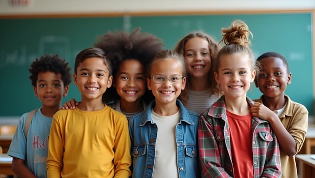 Flat Happy diverse junior school students children group looking at camera standing in classroom smiling multiethnic cool kids boys and girls friends posing for group portrait toge Act 4 photo