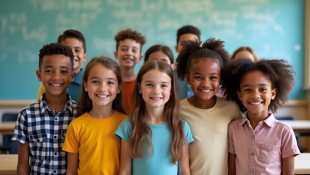 Flat Happy diverse junior school students children group looking at camera standing in classroom smiling multiethnic cool kids boys and girls friends posing for group portrait toge Act 5 photo