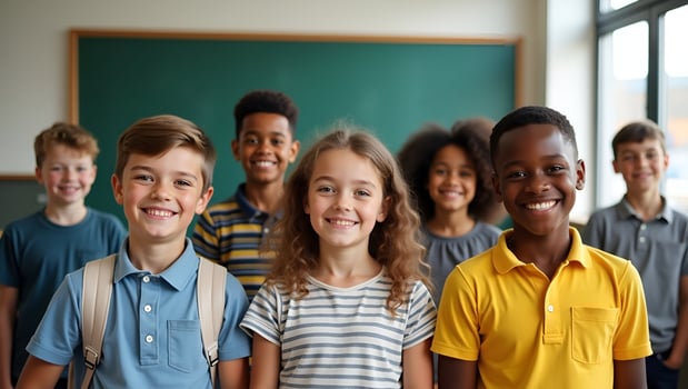 Flat Happy diverse junior school students children group looking at camera standing in classroom smiling multiethnic cool kids boys and girls friends posing for group portrait toge Act photo
