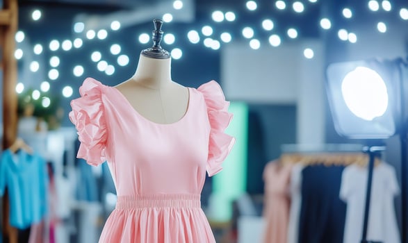 Pink dress on mannequin, studio photoshoot, bokeh lights photo