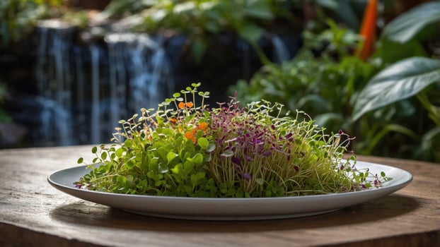 Fresh microgreens arranged on a white plate with a serene waterfall and lush greenery in the background photo