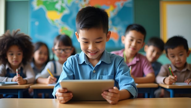 Concentrated Asian elementary schoolboy uses tablet in classroom with group showcasing modern education technologies concept as Asian elementary schoolboy focused on tablet in cla Act 6 photo