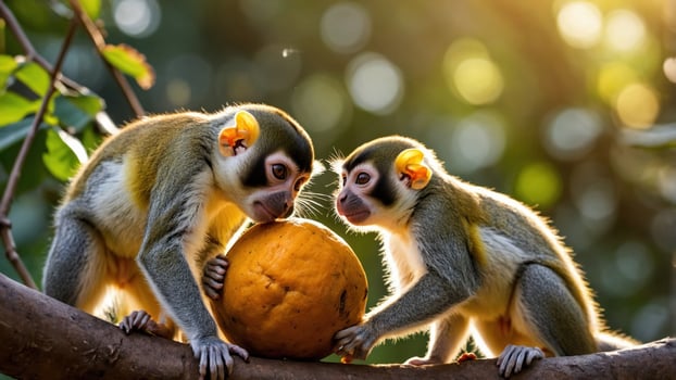 Two monkeys eating an orange on a branch photo