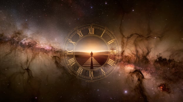 A silhouetted figure stands before a cosmic landscape and clock, symbolizing time and infinity. photo