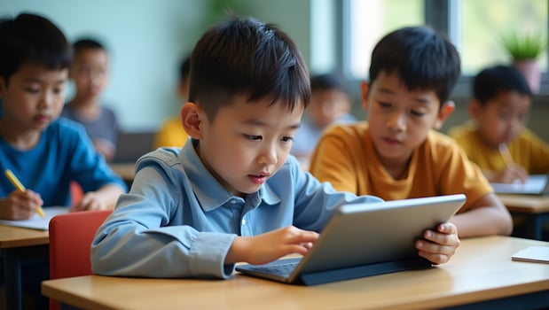 Concentrated Asian elementary schoolboy uses tablet in classroom with group showcasing modern education technologies concept as Asian elementary schoolboy focused on tablet in cla Act 5 photo