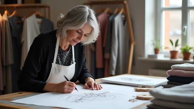 Flat Stylish middle aged woman fashion designer draws sketches in studio mature elegant grey haired lady dressmaker and small business owner creating new fashion designs and cloth Act 7 photo