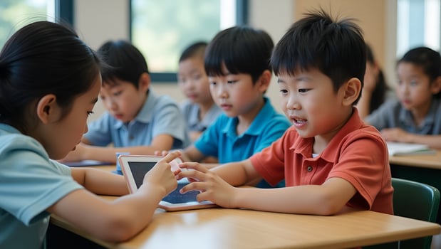 Concentrated Asian elementary schoolboy uses tablet in classroom with group showcasing modern education technologies concept as Asian elementary schoolboy focused on tablet in cla Act 7 photo