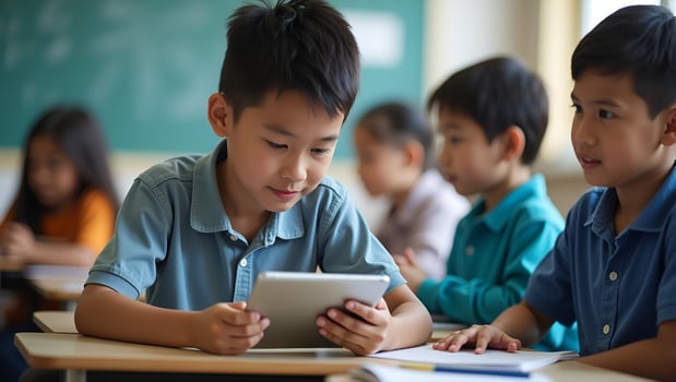 Concentrated Asian elementary schoolboy uses tablet in classroom with group showcasing modern education technologies concept as Asian elementary schoolboy focused on tablet in cla Act photo