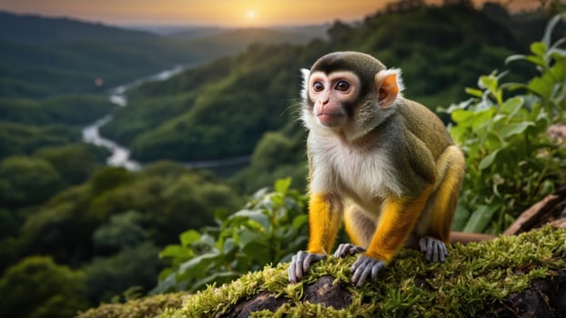 A curious monkey perched on a mossy log in a lush green landscape, with a sunset illuminating the background photo