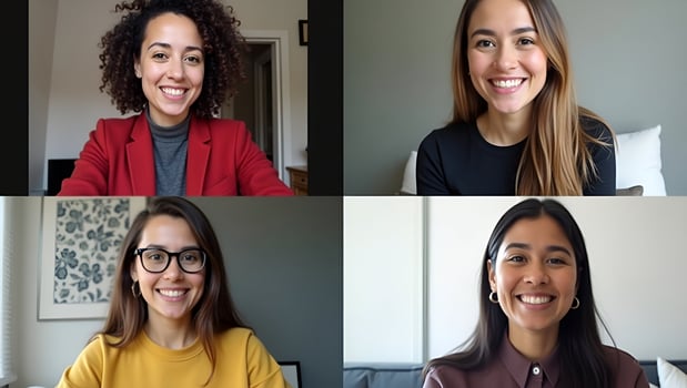 Four happy multicultural diverse friends young women talk during online virtual chat call in group conference practicing social distance virtual meeting via computer vid Act 5 photo