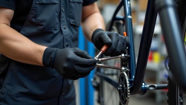 close up of the male mechanic working in the bicycle repair shop mechanic repairing bike using a special tool wearing protective gloves Bike Maintenance Concept concept as Close Act 8 photo
