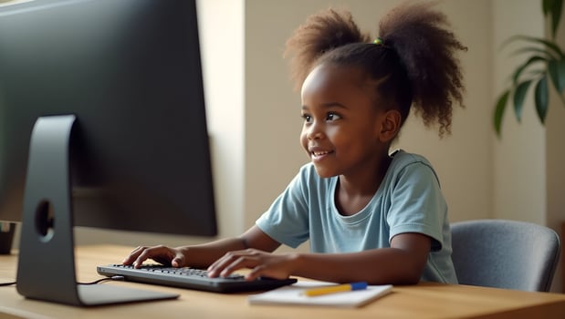 Cute African girl participates in distance learning via virtual online class conference call with teacher tutor and peers studying together at home on computer concept a Act 2 photo