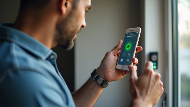 Man presses smartphone notification bell ensures prompt remote alerts boosts home security efficient updates stays connected anywhere concept as Close up on a finger tapping notifi Act 8 photo