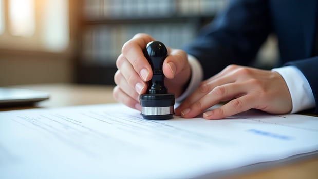 Close up Of A Persons Hand Stamping With Approved Stamp On Document At Desk management approval banner background concept as Focused view of a decisive validation seal forging bran Act 7 photo
