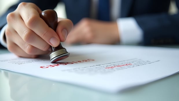 Close up Of A Persons Hand Stamping With Approved Stamp On Document At Desk management approval banner background concept as Focused view of a decisive validation seal forging bran Act 4 photo
