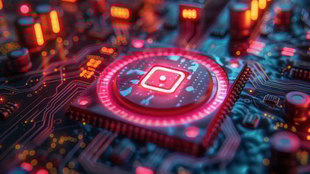 Detailed circuit board close up with glowing components illustrating high tech engineering and digital systems photo