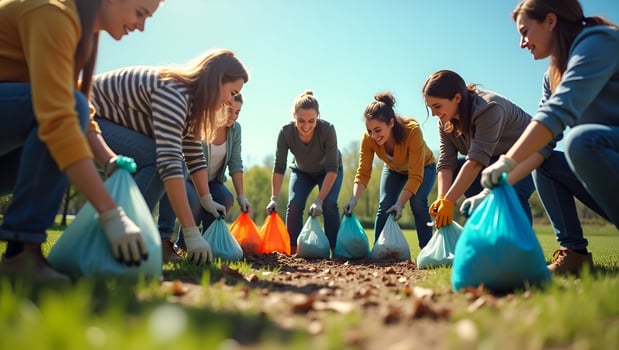 Volunteers picking up trash in the park photo
