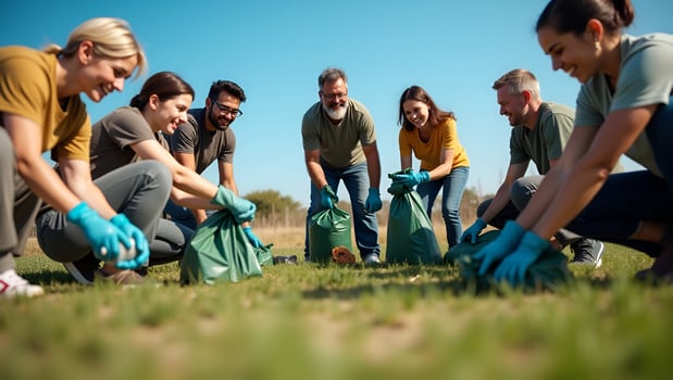 A group of people are planting grass in the field photo