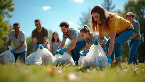 A group of people picking up trash in the grass photo