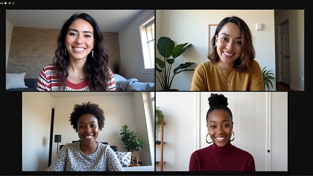 Four happy multicultural diverse friends young women talk during online virtual chat call in group conference practicing social distance virtual meeting via computer vid Act 26 photo