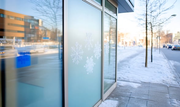 Winter storefront snowflakes, city street, snowy day, business photo