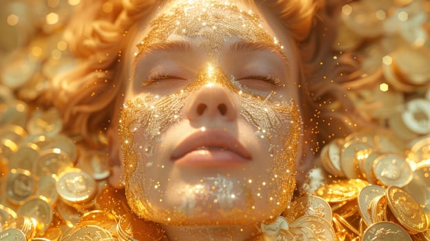 Golden face surrounded by coins abstract wealth and luxury photo