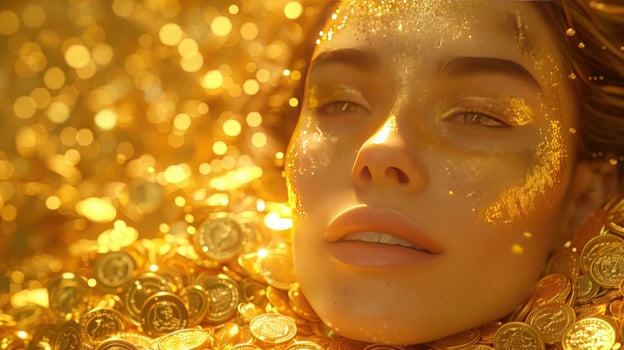 Golden portrait of woman surrounded by coins beauty and financial themes photo