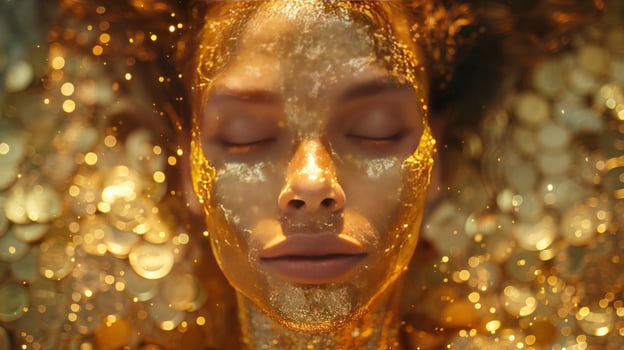 Person face covered with gold glitter texture close up portrait photo