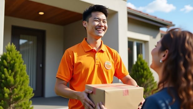 A man in an orange shirt is holding a box photo