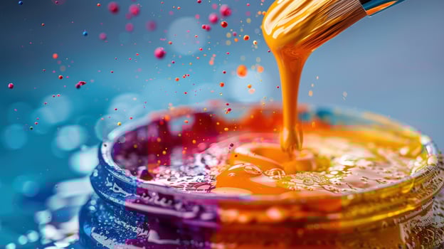 Abstract paint brush dipping into jar of vibrant color artistic expression photo