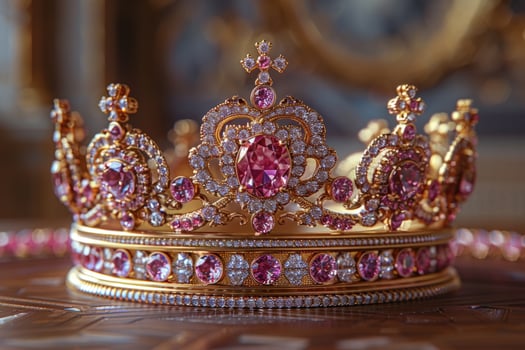 Golden crown adorned with pink gems and crystals royal headdress symbol photo