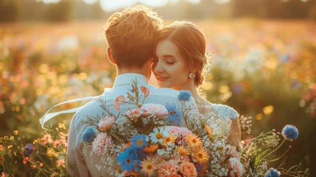 Loving couple embracing in flower field romance and warm sunlight photo