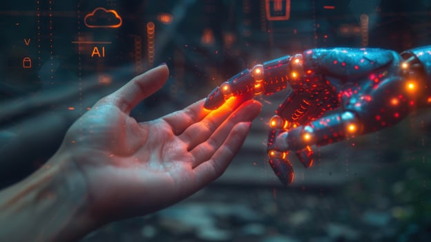 Human and robot hand touch connecting artificial intelligence and technology photo